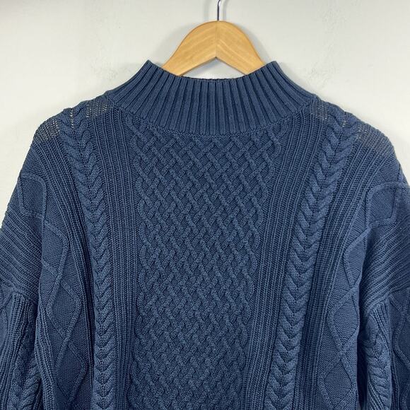 J.Crew Navy Blue Fisherman Sweater Size M Cotton Cable Knit Mockneck NWT - Picture 2 of 11